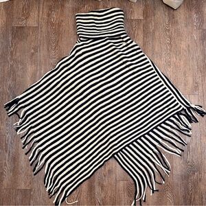 Navy & Cream Striped Knit Poncho - One Size - Fringe Detail